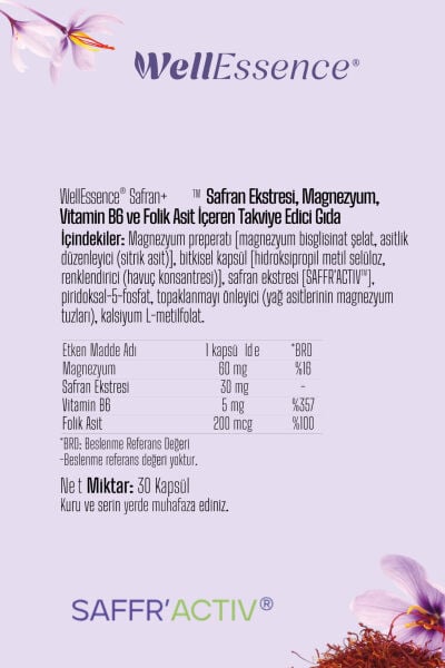 WELLESSENCE® SAFRAN+® Safran Ekstresi , Magnezyum, Vitamin B6 ve Folik Asit içeren Takviye Edici Gıda 30 Kapsül