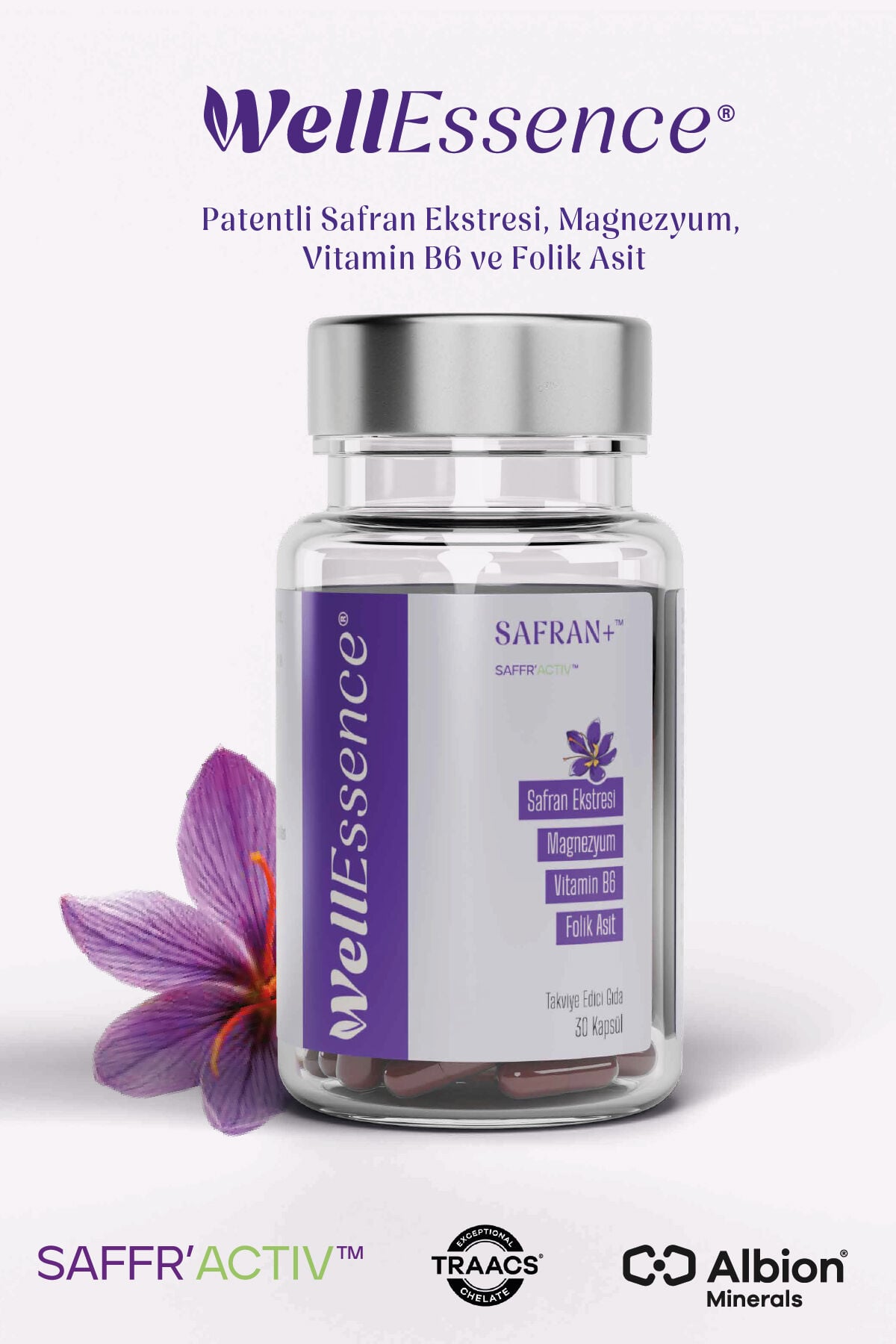 WELLESSENCE® SAFRAN+® Safran Ekstresi , Magnezyum, Vitamin B6 ve Folik Asit içeren Takviye Edici Gıda 30 Kapsül