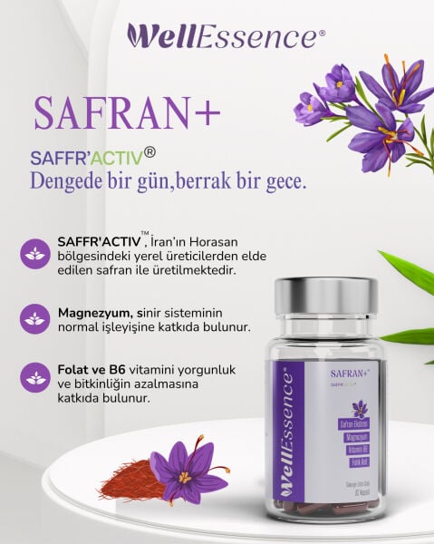 WELLESSENCE® SAFRAN+® Safran Ekstresi , Magnezyum, Vitamin B6 ve Folik Asit içeren Takviye Edici Gıda 30 Kapsül