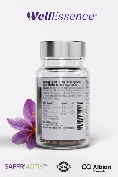 WELLESSENCE® SAFRAN+® Safran Ekstresi , Magnezyum, Vitamin B6 ve Folik Asit içeren Takviye Edici Gıda 30 Kapsül