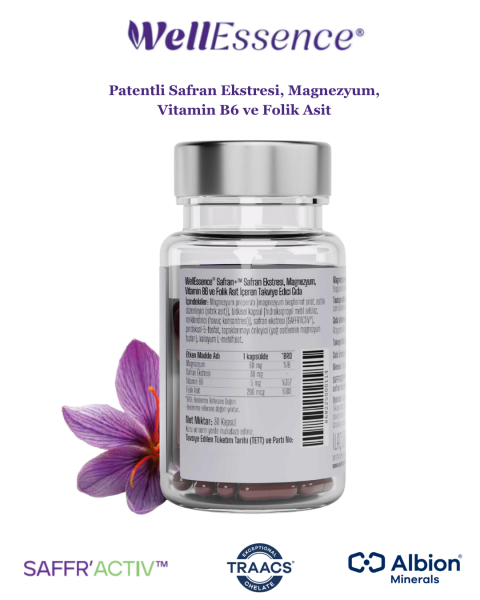 WELLESSENCE® SAFRAN+® Safran Ekstresi , Magnezyum, Vitamin B6 ve Folik Asit içeren Takviye Edici Gıda 30 Kapsül