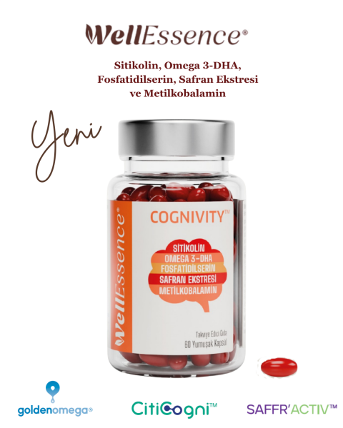 WELLESSENCE® COGNIVITY™ Sitikolin, DHA Omega 3 Balık Yağı, Fosfatidilserin, Safran Ekstresi ve Vitamin B12 İçeren Takviye Edici Gıda